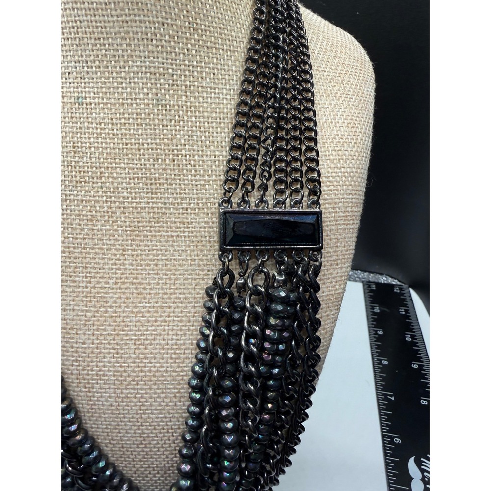Gunmetal Multi Strand Statement Necklace Black Iridescent Beaded Layered Chain - Picture 3 of 5
